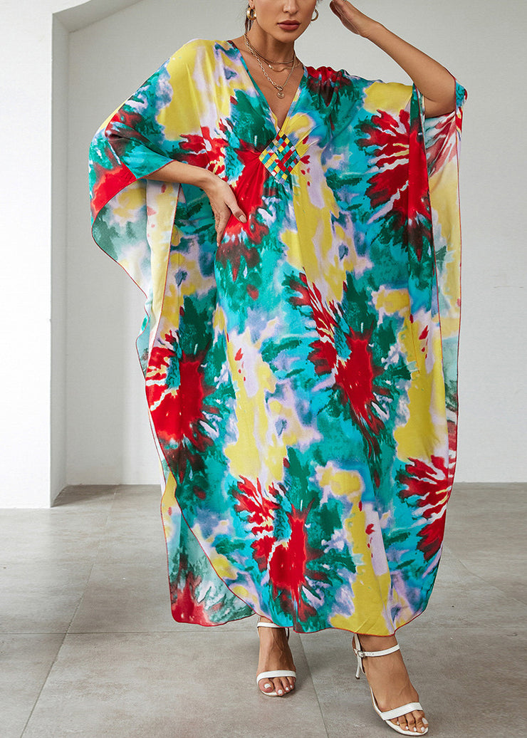 Vacation Style Blue Cotton Printed Beach Robe Dress Summer