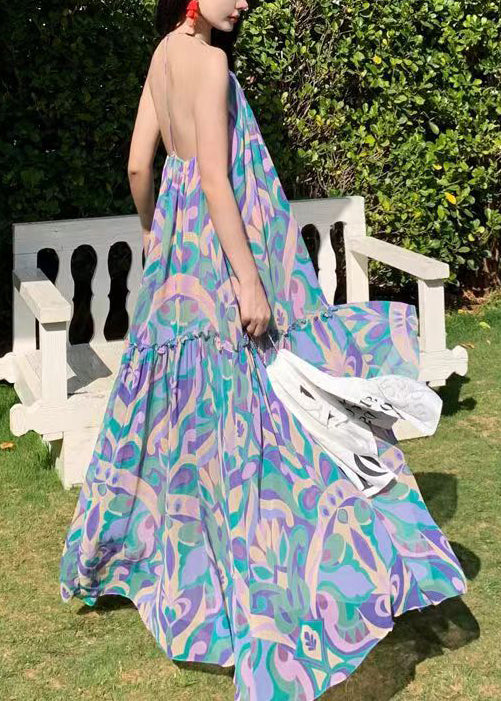 Vacation Style Blue Print Backless Large Hem Long Dress Summer