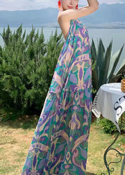 Vacation Style Blue Print Backless Large Hem Long Dress Summer