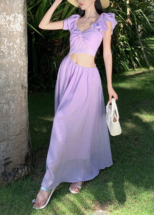 Vacation Style Purple Slash Neck Hollow Out Dress Butterfly Sleeve