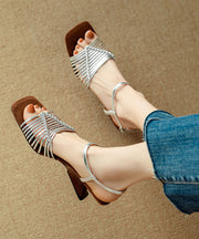 Vacation Style Silver Square Toe Woven Heterotypic High Heels Sandals