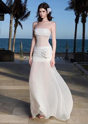 Vacation Style White Floral Tulle Strapless Slim Fit Dress