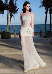 Vacation Style White Floral Tulle Strapless Slim Fit Dress