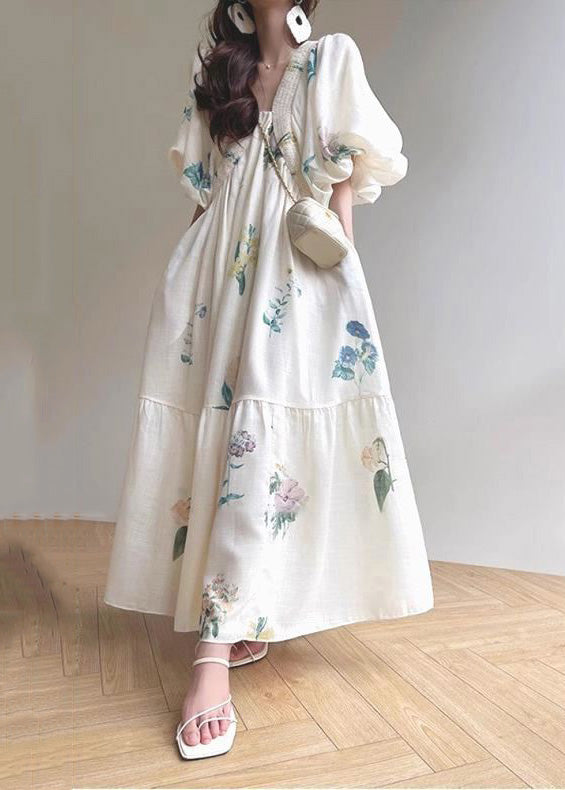 Vacation Style White Print Bubble Sleeved Cotton Dress