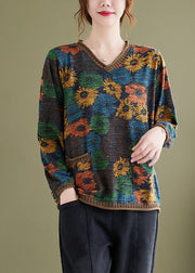 Versatile V Neck Print Pockets Knit Short Sweater Spring