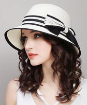 Versatile White Bow Beach Straw Woven Sun Hat Foldable