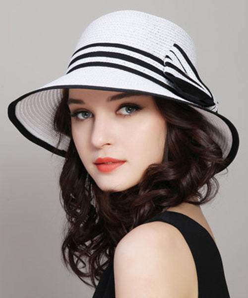 Versatile White Bow Beach Straw Woven Sun Hat Foldable