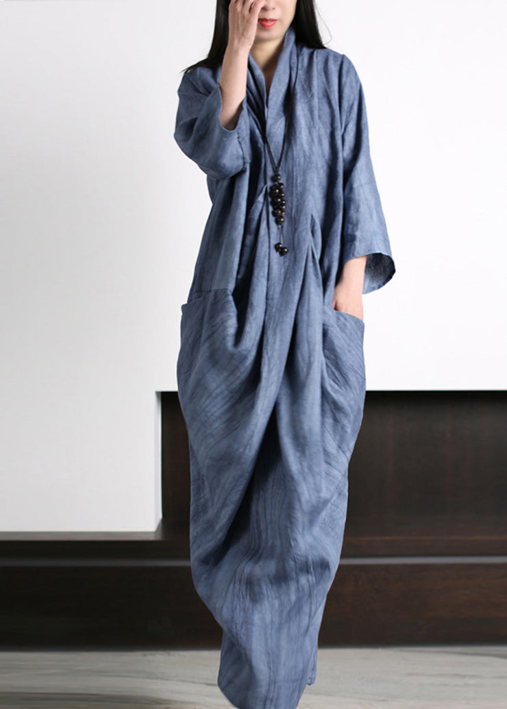 Vetro Blue V Neck Print Wrinkled Asymmetrical Linen Maxi Dress Long Sleeve