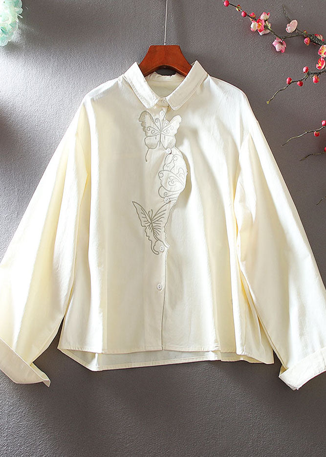 Vintage Apricot Embroidered Butterfly Cotton Blouses Spring