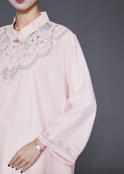 Vintage Apricot Embroidered Linen Silk Blouses Fall