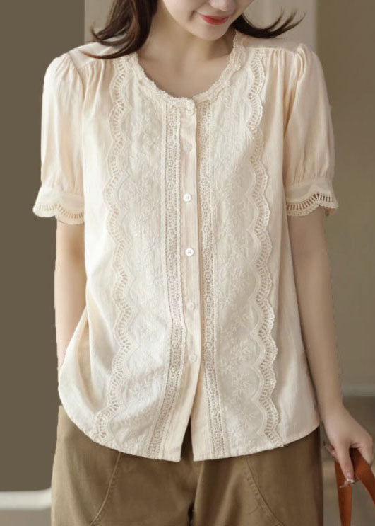 Vintage Apricot Hollow Out Embroideried Patchwork Cotton Blouses Summer