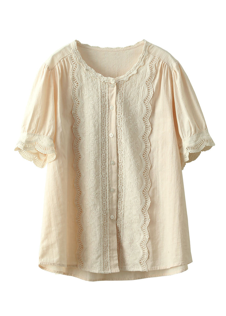 Vintage Apricot Hollow Out Embroideried Patchwork Cotton Blouses Summer