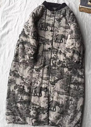 Vintage Apricot Oversized Print Fine Cotton Filled Long Coats Winter