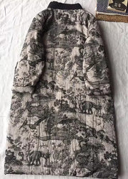 Vintage Apricot Oversized Print Fine Cotton Filled Long Coats Winter