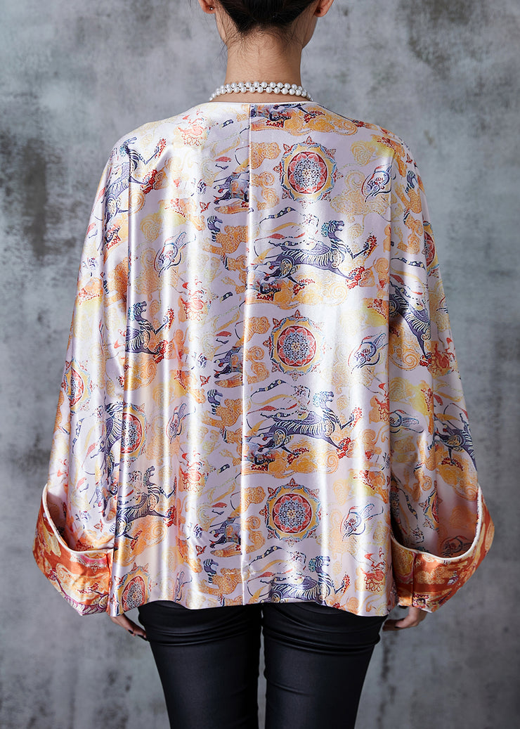 Vintage Apricot Oversized Print Silk Oriental Coats Spring