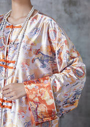 Vintage Apricot Oversized Print Silk Oriental Coats Spring