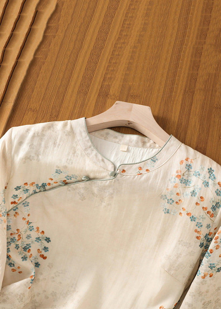 Vintage Apricot Stand Collar Print Cotton Shirt Half Sleeve
