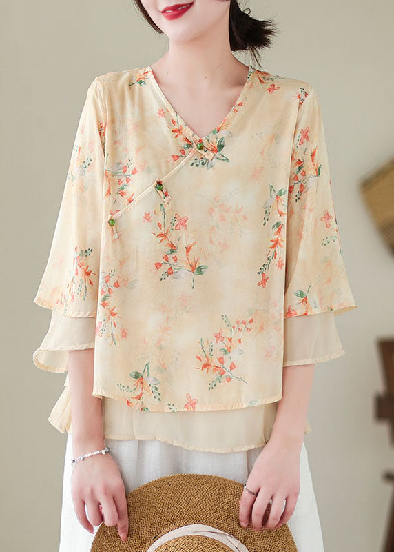 Vintage Apricot V Neck Print Patchwork Chiffon Shirt Top Summer