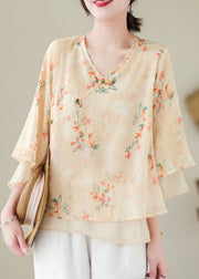 Vintage Apricot V Neck Print Patchwork Chiffon Shirt Top Summer