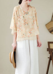 Vintage Apricot V Neck Print Patchwork Chiffon Shirt Top Summer