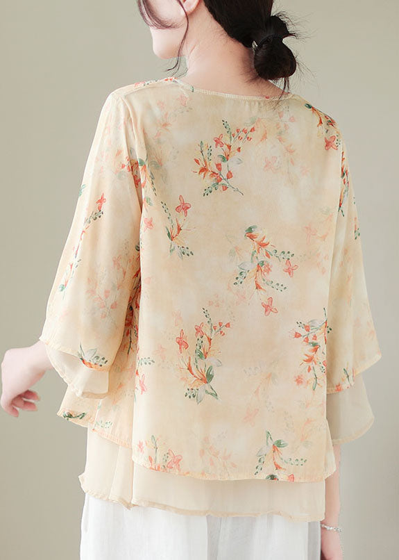 Vintage Apricot V Neck Print Patchwork Chiffon Shirt Top Summer