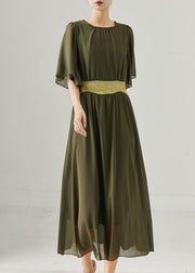 Vintage Army Green Exra Large Hem Draping Chiffon Long Dress Summer