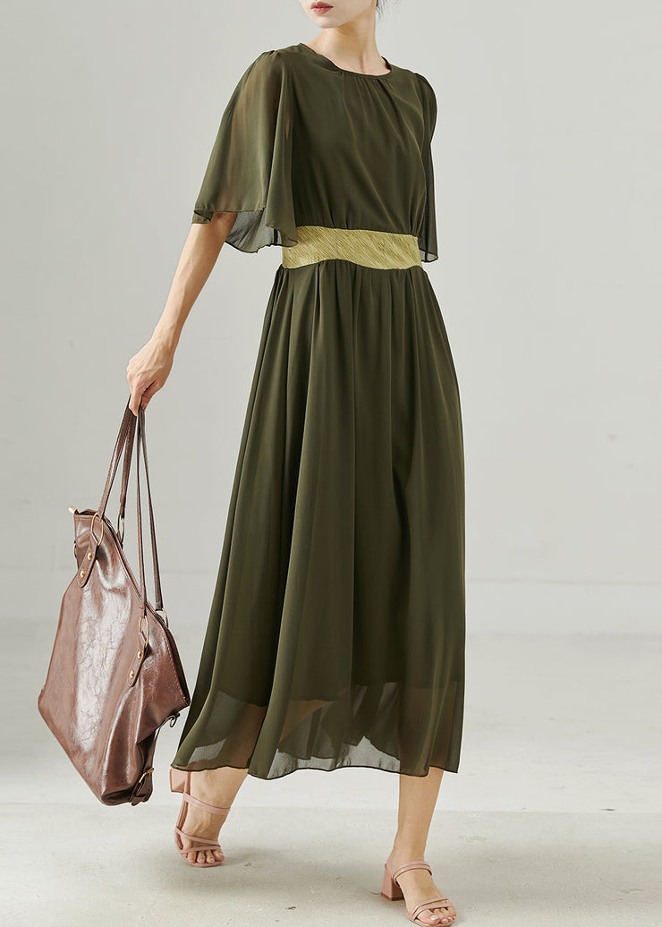 Vintage Army Green Exra Large Hem Draping Chiffon Long Dress Summer