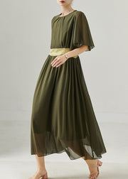 Vintage Army Green Exra Large Hem Draping Chiffon Long Dress Summer