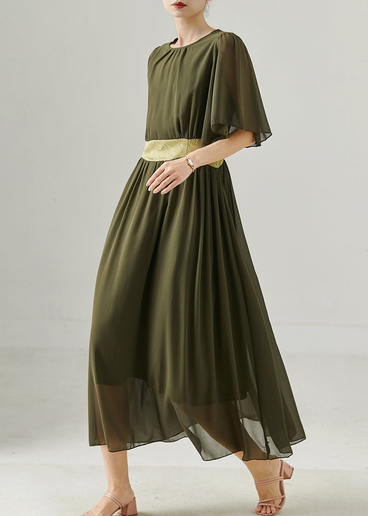 Vintage Army Green Exra Large Hem Draping Chiffon Long Dress Summer