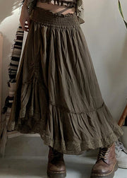 Vintage Army Green Ruffled Cinched Elastic Waist Cotton Skirts Fall