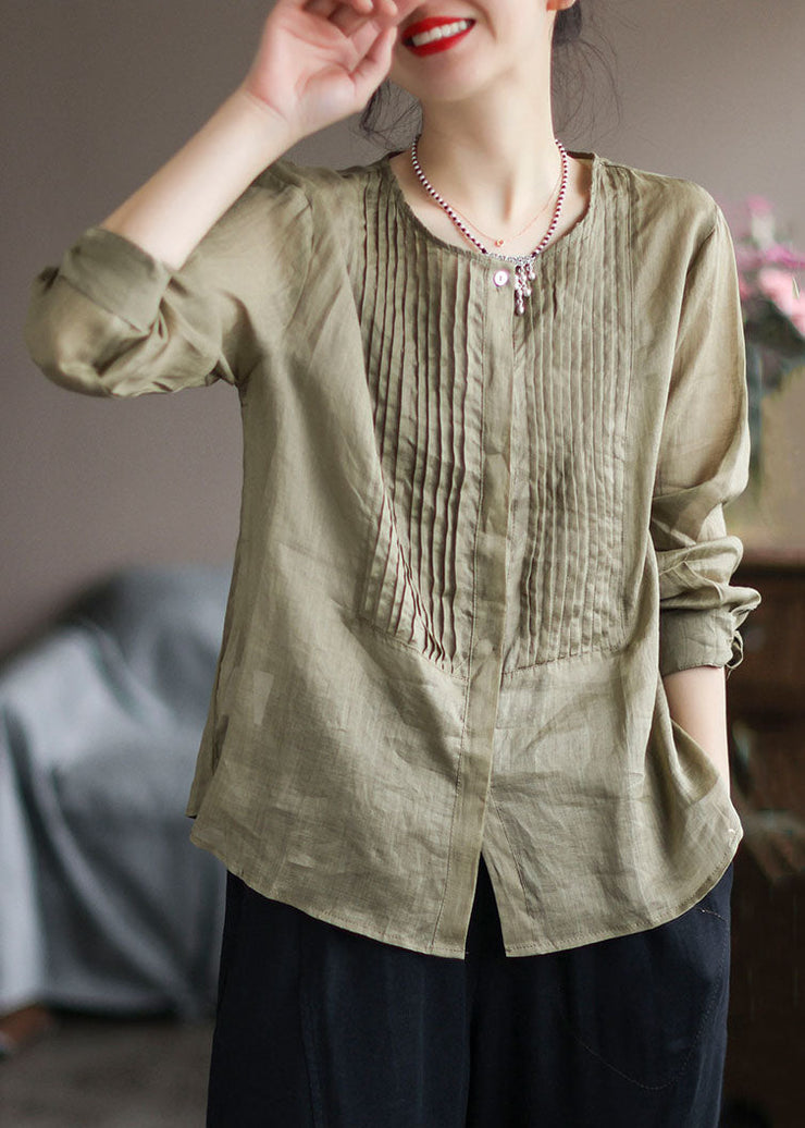 Vintage Army Green Wrinkled Patchwork Linen Shirt Top Spring