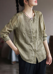 Vintage Army Green Wrinkled Patchwork Linen Shirt Top Spring