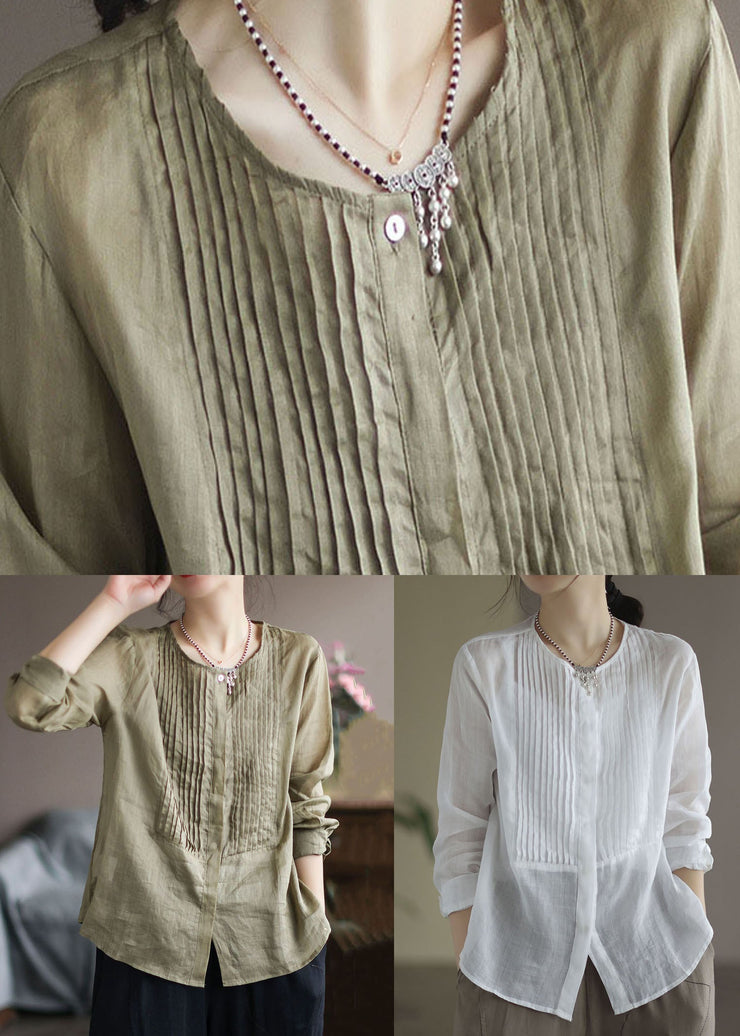 Vintage Army Green Wrinkled Patchwork Linen Shirt Top Spring