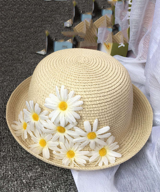 Vintage Beige Daisy Straw Woven Floppy Sun Hat