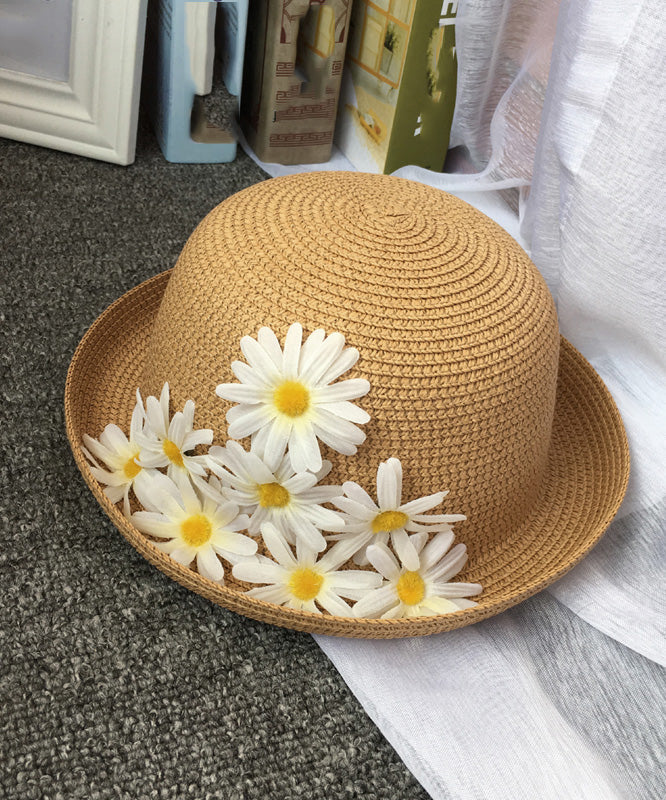 Vintage Beige Daisy Straw Woven Floppy Sun Hat