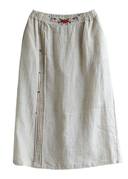 Vintage Beige Embroidered Pockets Patchwork Cotton Skirts Summer