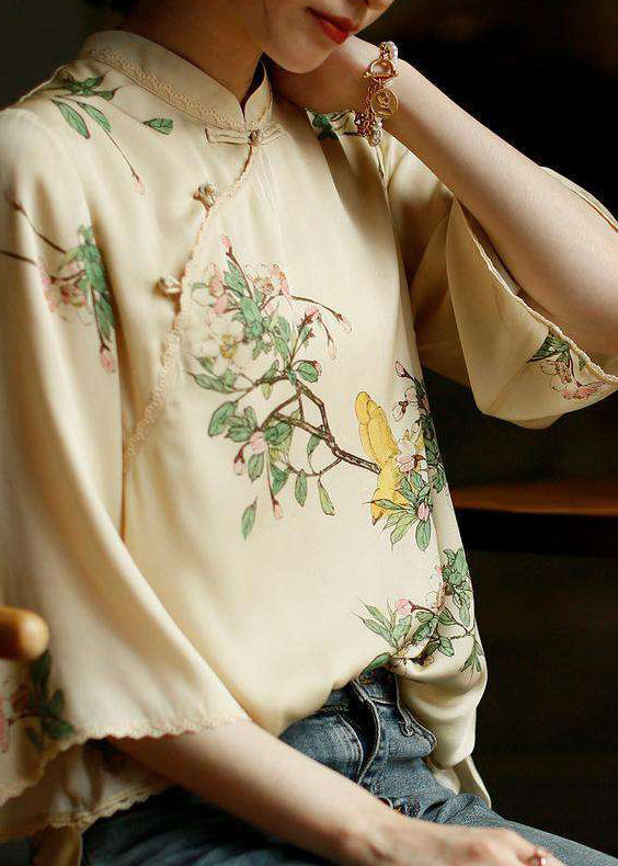 Vintage Grey-texture Mandarin Collar side open Print Silk top long sleeve