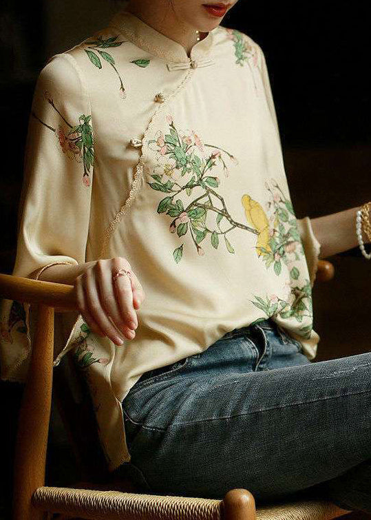 Vintage Yellow Mandarin Collar side open Print Silk top long sleeve