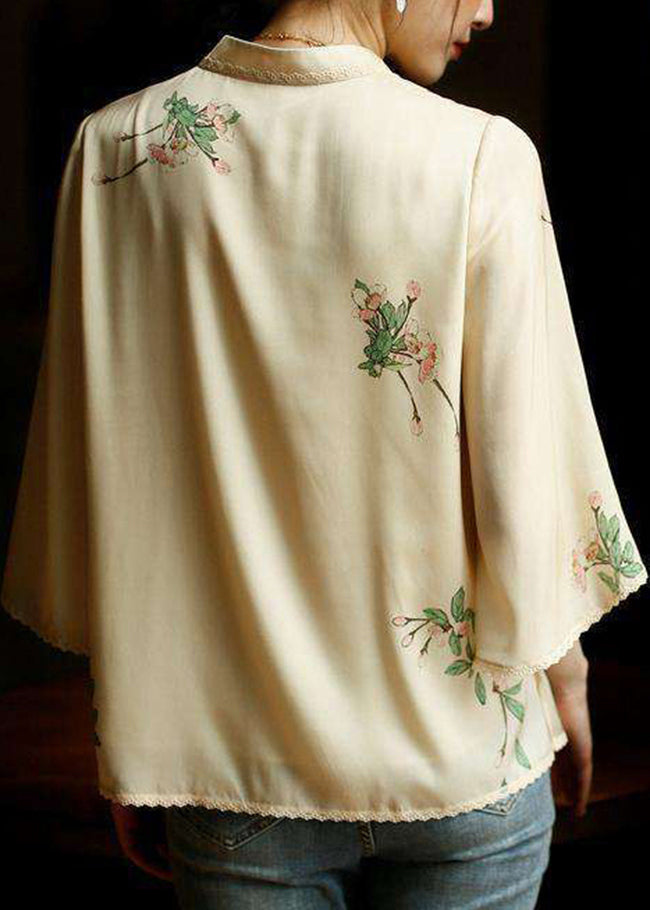 Vintage Beige Mandarin Collar side open Print Silk top long sleeve