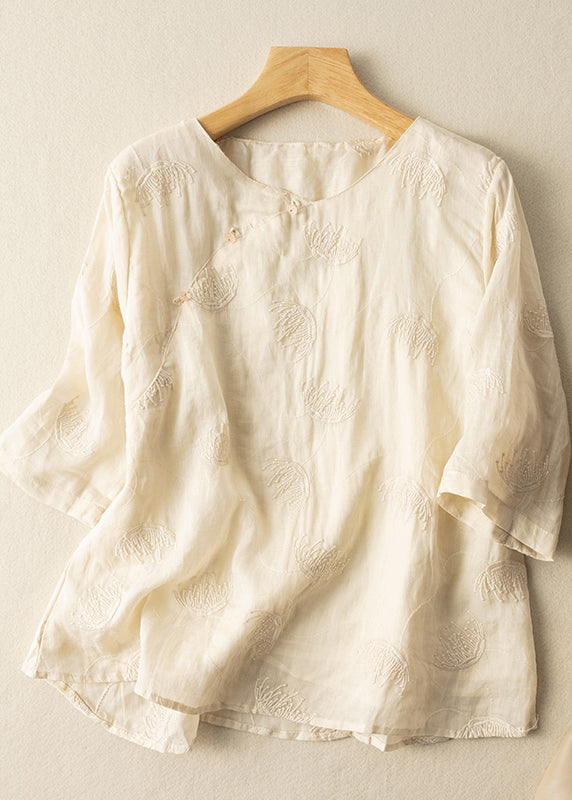 Vintage Brown O-Neck Embroidered Linen Shirt Top Summer