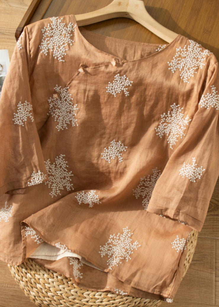 Vintage Brown O-Neck Embroidered Linen Shirt Top Summer