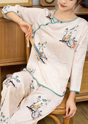 Vintage Beige O-Neck Oriental Print Ice Silk Pajamas Two Pieces Set Spring