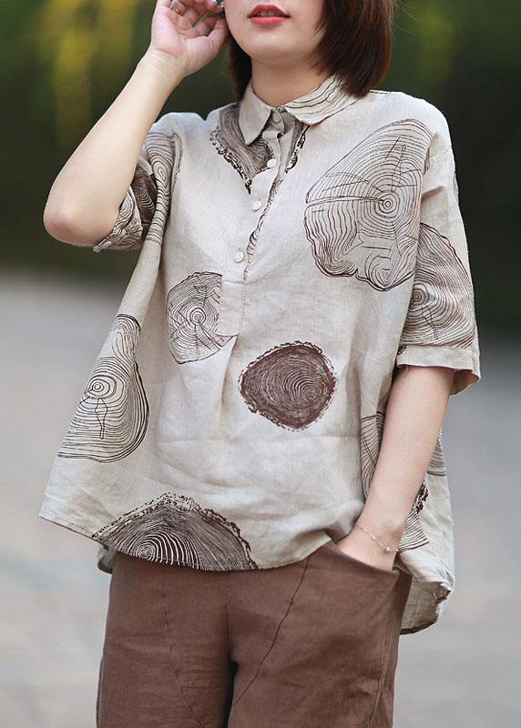 Vintage Beige Peter Pan Collar Print Summer Linen Blouses Half Sleeve - SooLinen