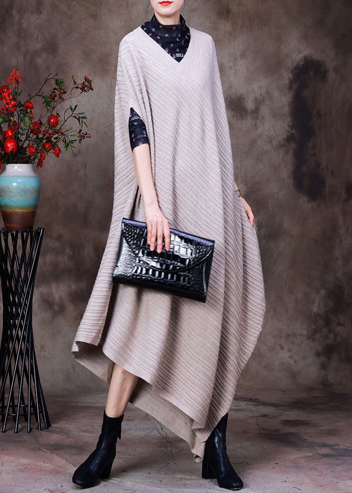 Vintage Beige V Neck Asymmetrical Woolen Knit Long Sweater Fall