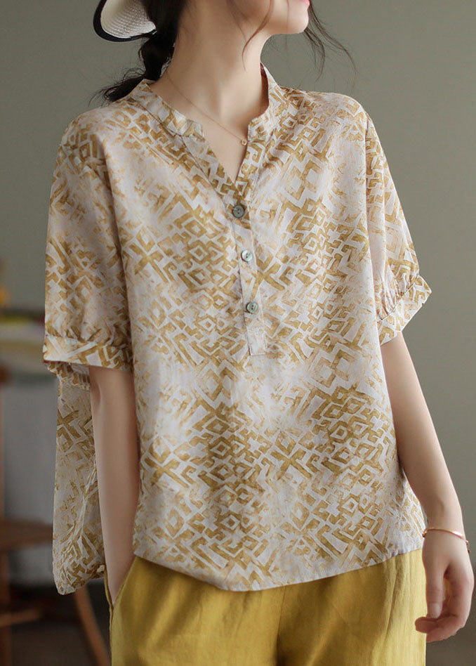 Vintage Beige V Neck Print Patchwork Linen T Shirt Top Summer