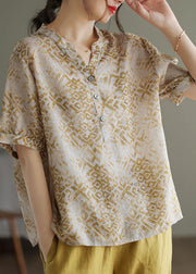 Vintage Beige V Neck Print Patchwork Linen T Shirt Top Summer