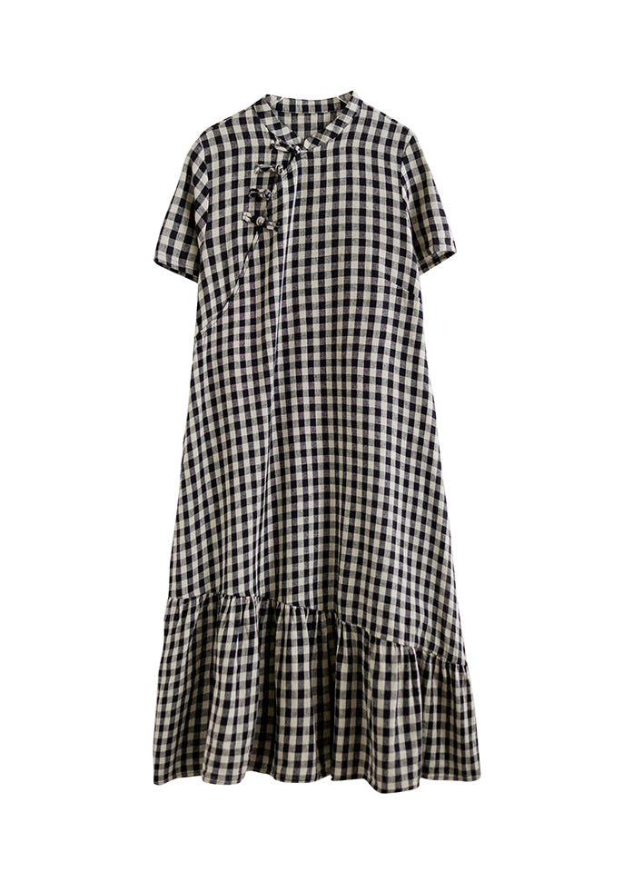 Vintage Big Plaid Stand Collar Patchwork Cotton Dress Summer