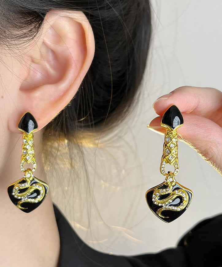 Vintage Black Ancient Gold Zircon Asymmetric Glazed Serpentine Shape Drop Earrings