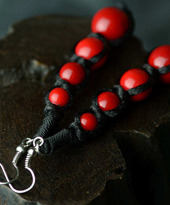 Vintage Black And Red Patchwork Gem Stone Drop Earrings