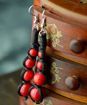 Vintage Black And Red Patchwork Gem Stone Drop Earrings